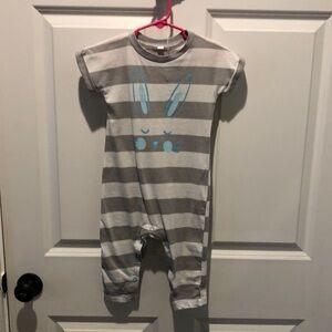 Okie Dokie Gray and White Striped Bodysuit with Graphic Detail